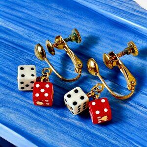 Dice Earrings Dangling Red & White Dice Screwback Goldtone Vintage